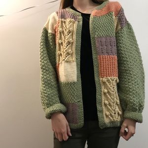 Vintage hand-knit pastel patchwork cardigan